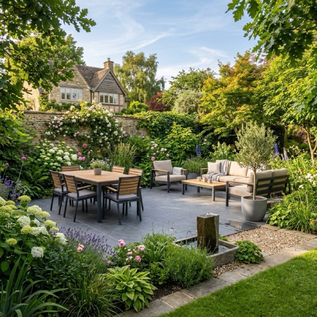 Natural stone patio installation — SJ Landscapes, Berkshire